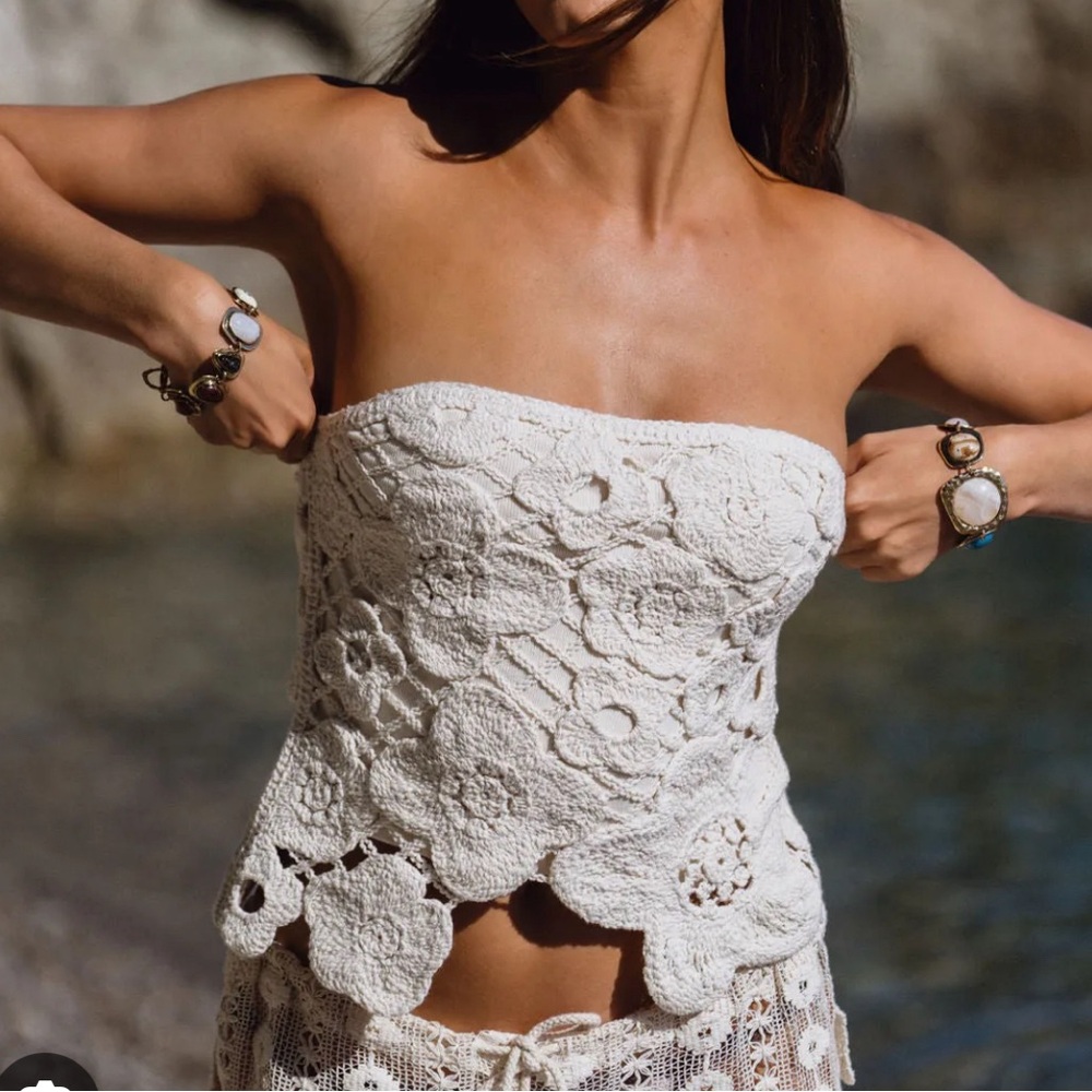 12th Tribe Marseille Ivory Strapless Crochet Top